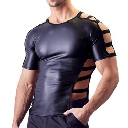 men hot patent leather hollowed out t shirt